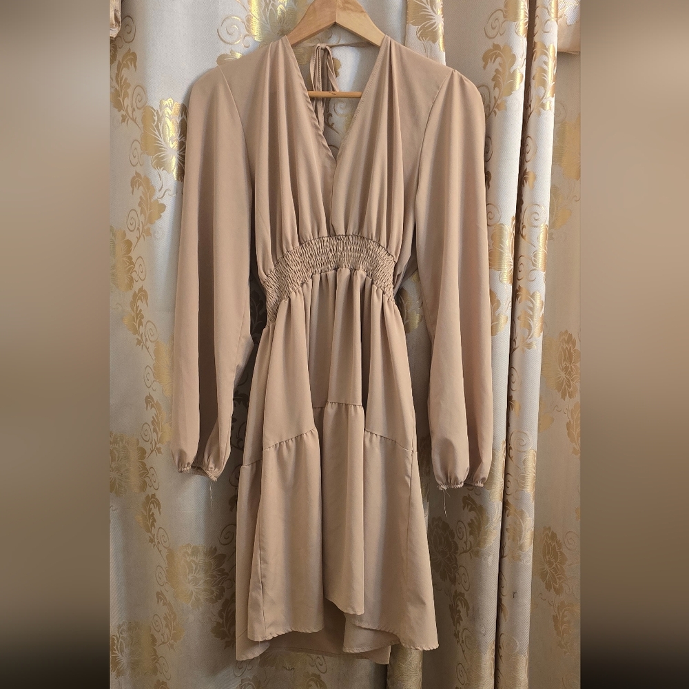 Womens's Tan Cream Beige Long Blouse Shirt Dress